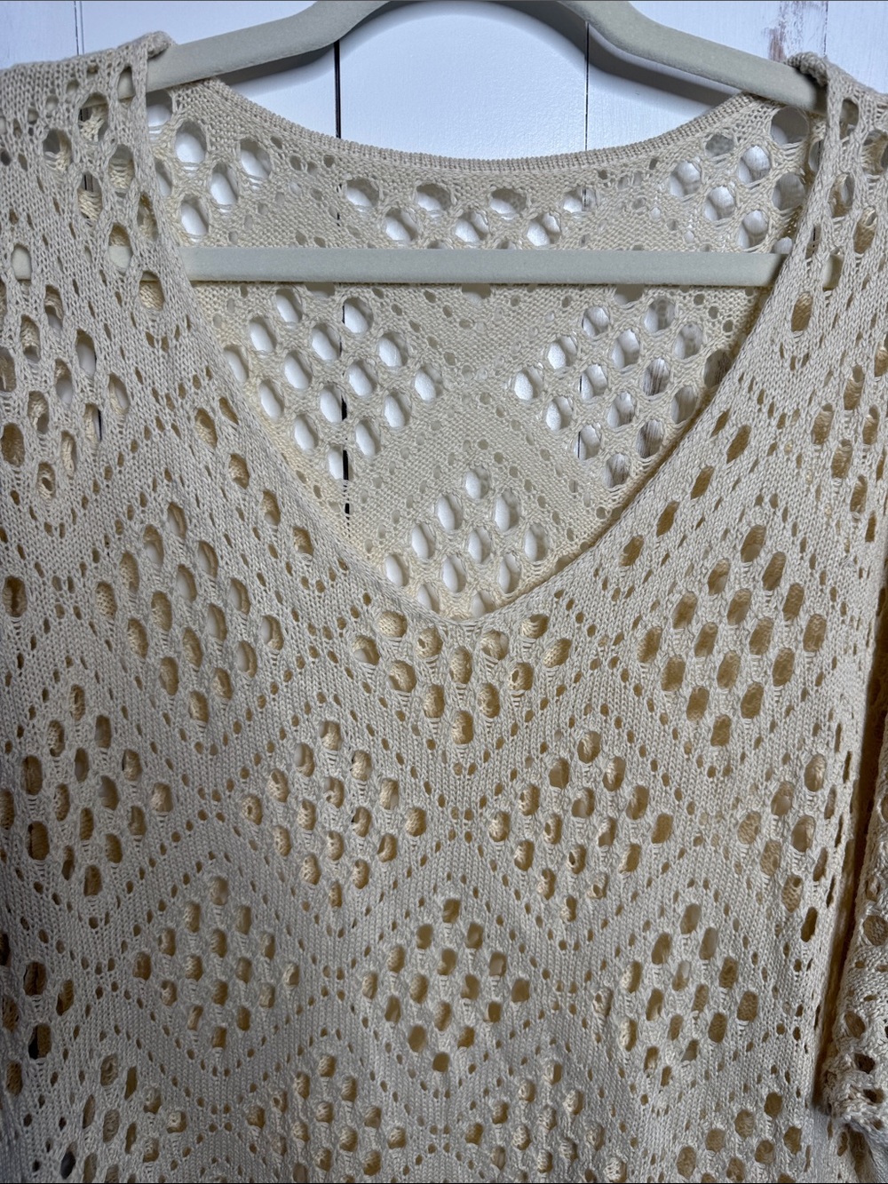 Creamy Beige Open Weave Diamond Crochet Knit Batwing Beach Top - Picture 6 of 11